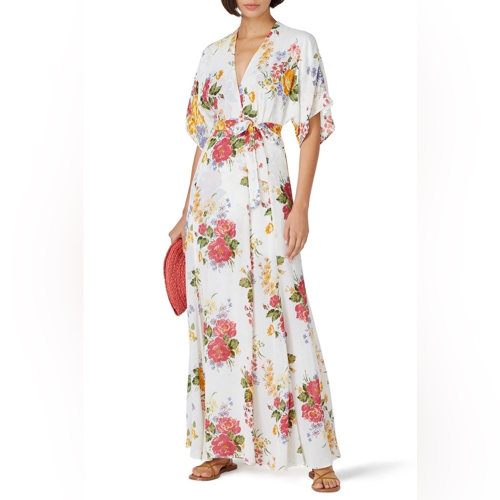 Reformation Winslow white pink kimono floral print wrap maxi dress size XS